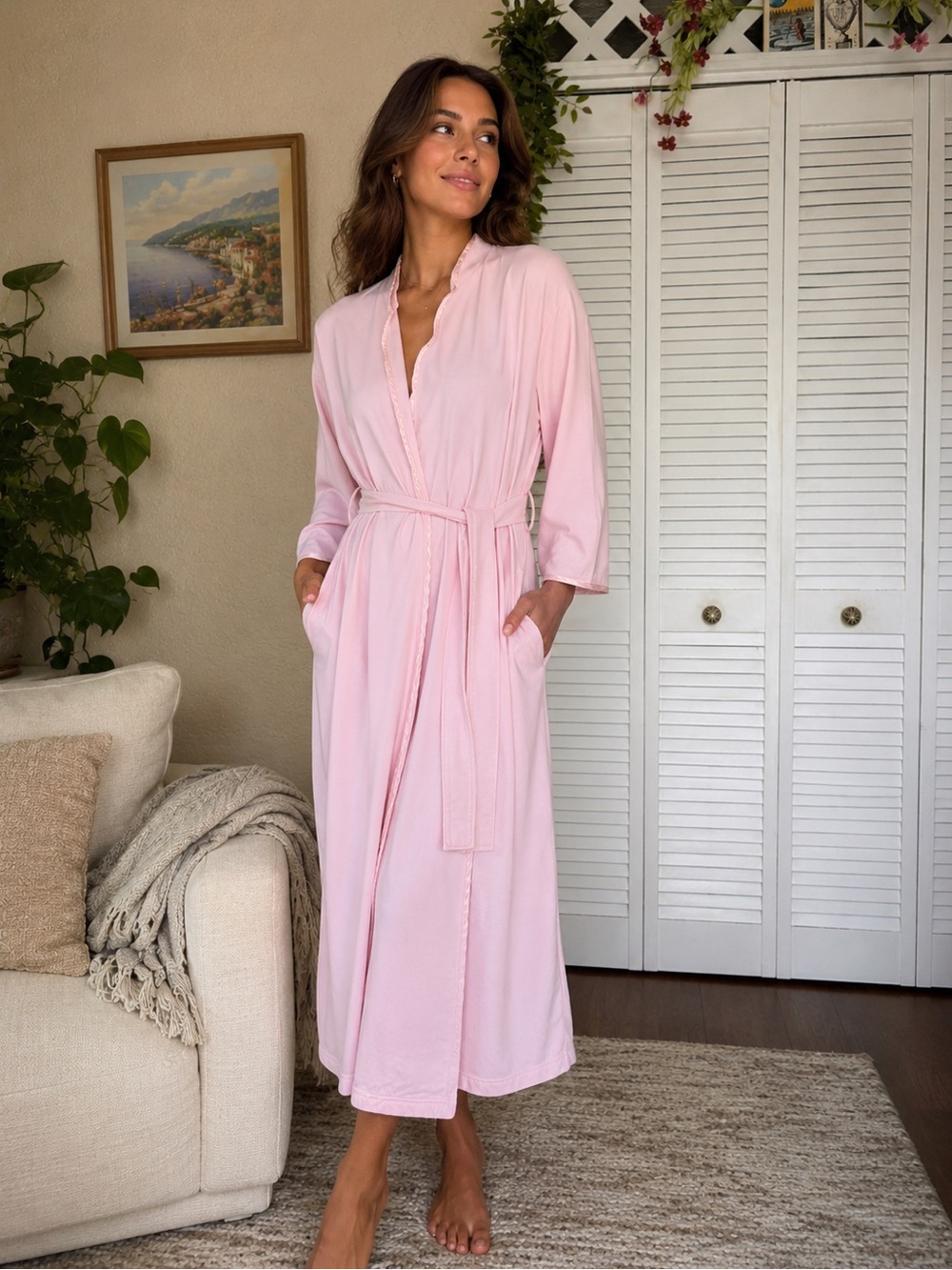 Talbots intimates Light Pink Long Tie-Waist Robe Pockets scalloped hem classy s